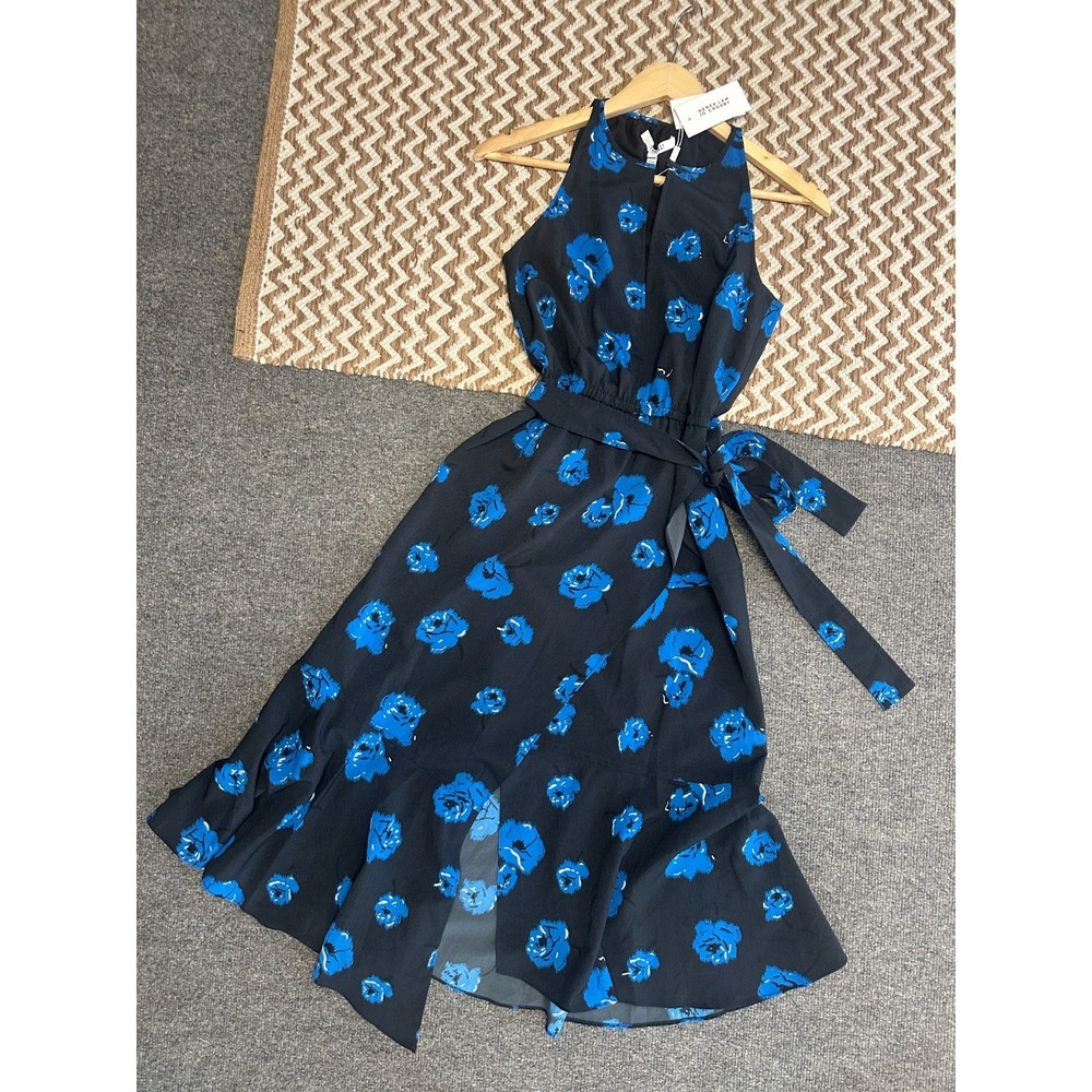 $695 Derek 10 Lam Crosby Dress Size 0 Blue Floral Midi Shirt Dress High Neck NWT